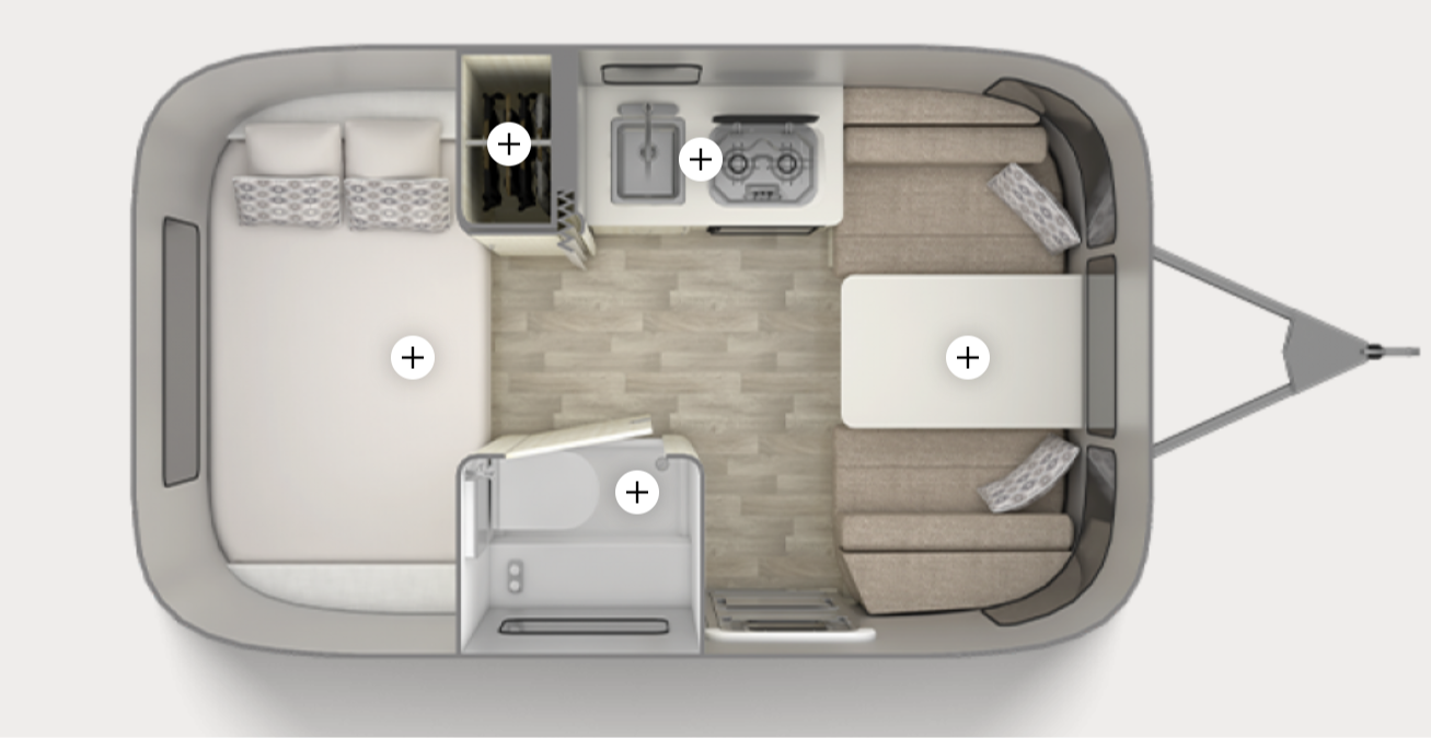 Explore this compact RV rental's interior floor plan: bed, kitchen, bath, dining. Overhead view shows efficient living space layout.