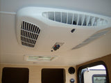 Stay comfortable in your RV rental with this clear view of the ceiling AC unit, featuring cool air vents & user controls.