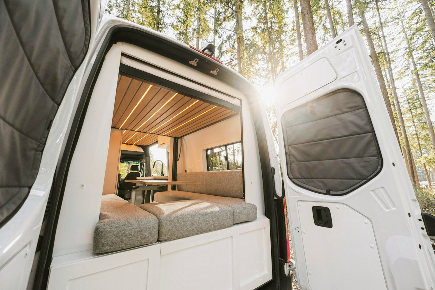 Cozy RV rental interior, showing a modern camper van's living space and open rear doors revealing a sunny forest. — photo 14