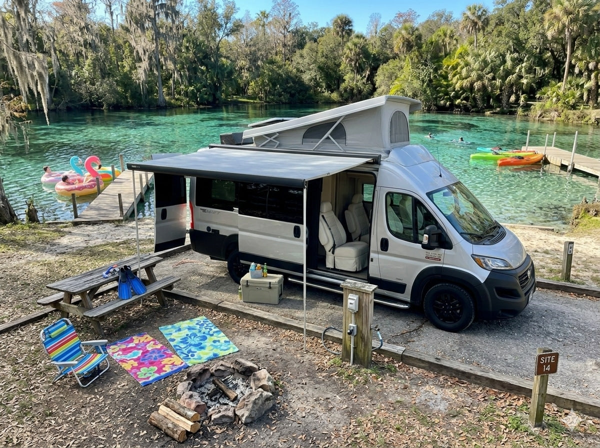 An rv rental (pop-top van) under an awning by a clear spring. A campsite setup includes a picnic table, campfire, and water fun.