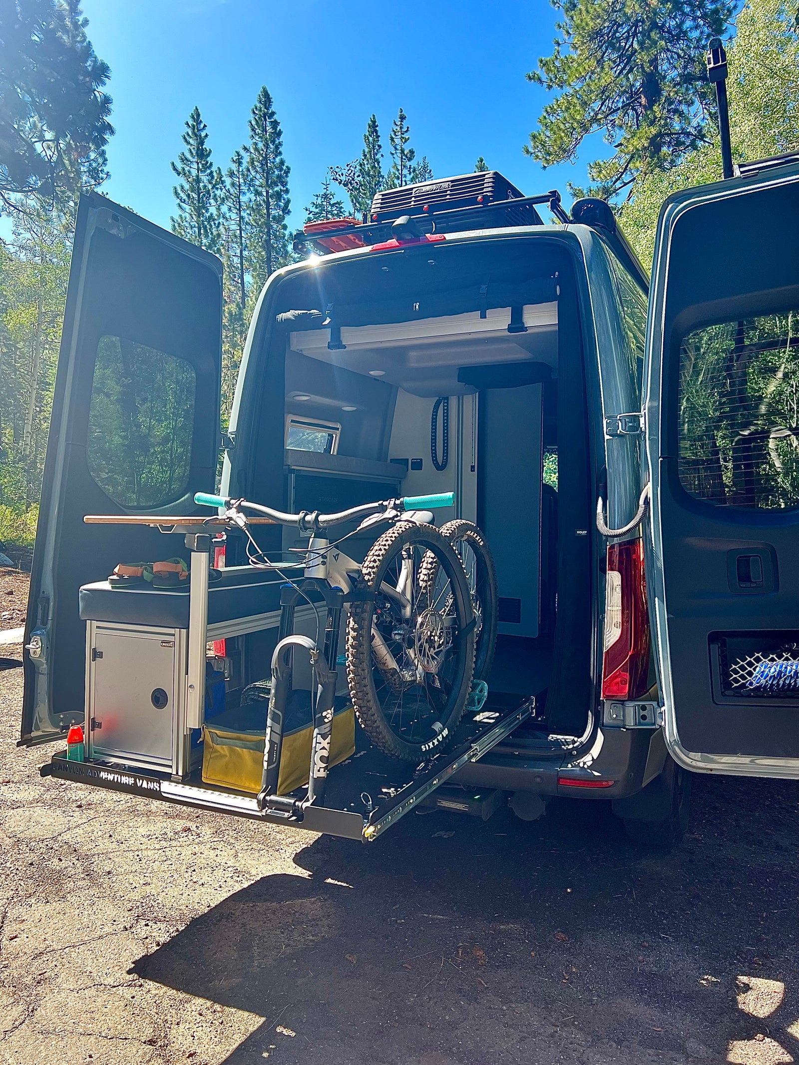 This RV rental shows an adventure-ready van with a mountain bike mounted on a rear slide-out rack, parked in a sunny forest.