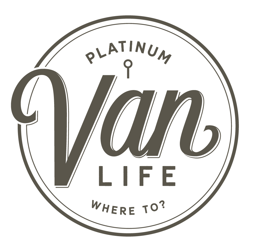 Circular "Platinum Van Life" logo with keyhole & "WHERE TO?", perfect for RV rental adventures.