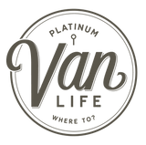 Circular "Platinum Van Life" logo with keyhole & "WHERE TO?", perfect for RV rental adventures.