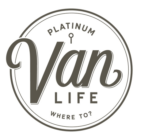 Circular "Platinum Van Life" logo with keyhole & "WHERE TO?", perfect for RV rental adventures.