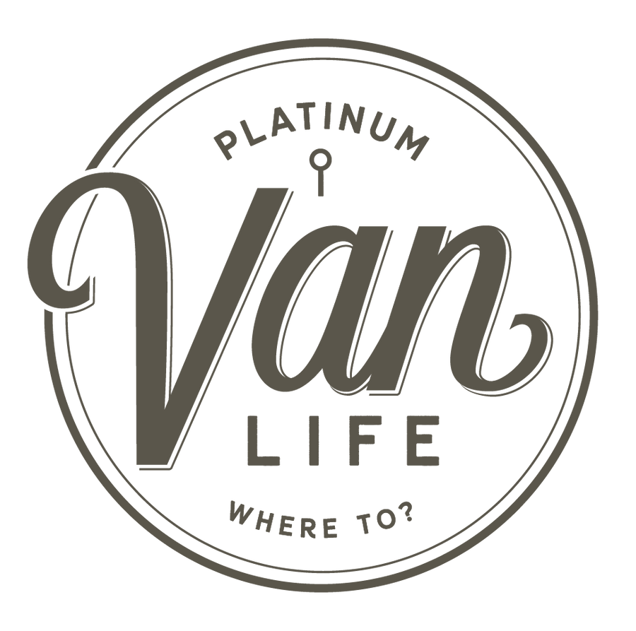 Circular "Platinum Van Life" logo with keyhole & "WHERE TO?", perfect for RV rental adventures.