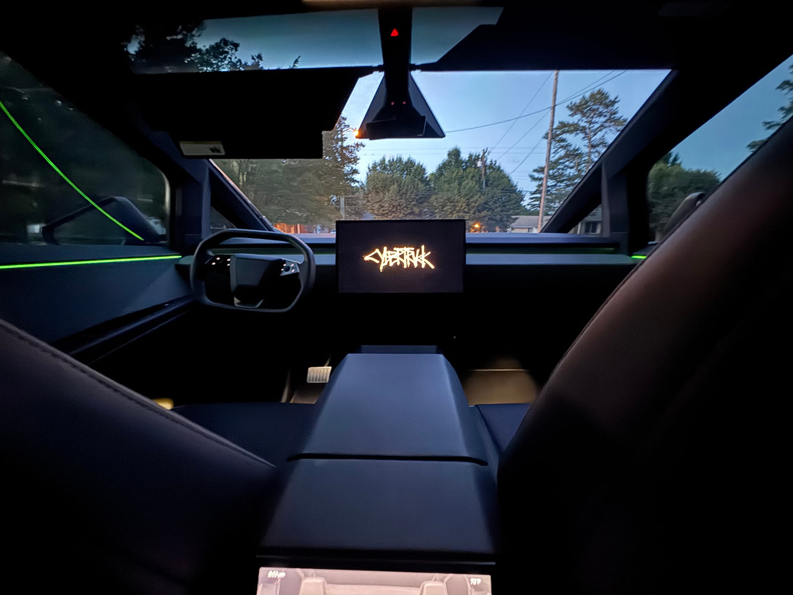  and power outlets; ideal for an rv rental or camping adventure.|Modern Cybertruck cabin: driver's seat