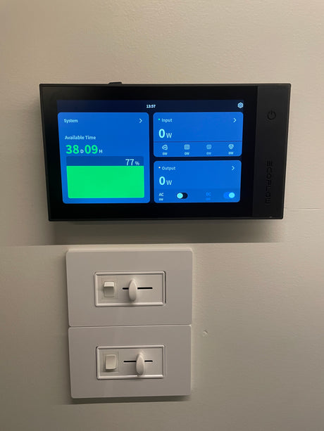 Ecoflow power monitor in an RV rental, displaying 77% charge and 38 days available power, with dimmer light switches below.