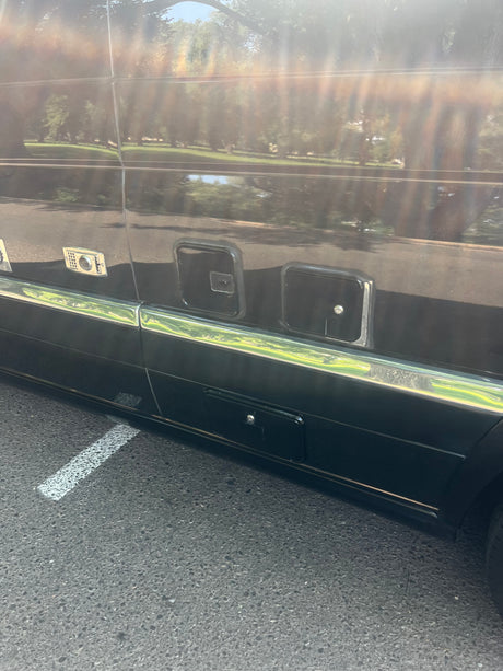 Side view of a dark RV rental, showing external compartments, a chrome strip, and reflections of trees.