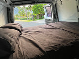 looking out to a scenic road lined with palm trees and mountains in the background.|Inside an RV rental van