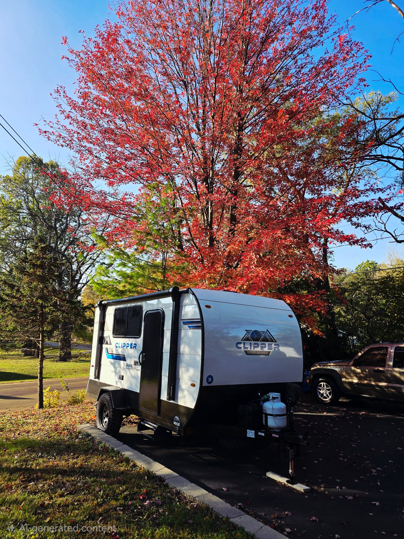 A white Clipper RV rental travel trailer is parked under a brilliant red maple tree, showcasing a vibrant autumn camping scene.