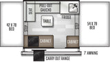 This RV rental floor plan illustrates a camper's interior layout with two beds, a dining table, kitchen appliances, and a 7' awning.