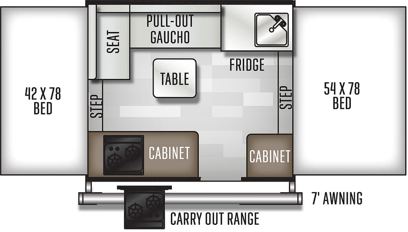 This RV rental floor plan illustrates a camper's interior layout with two beds, a dining table, kitchen appliances, and a 7' awning. — photo 2