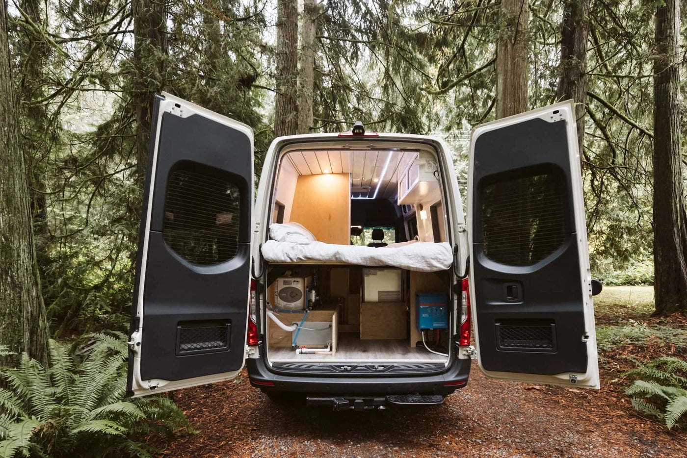  parked on a forest trail. Your perfect rv rental for a nature adventure!|RV rental: Back of a custom conversion van in a forest — photo 2