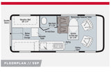 RV rental floorplan (59P) detailing a compact layout with a Murphy bed, wet bath, kitchen, and flexible seating area.