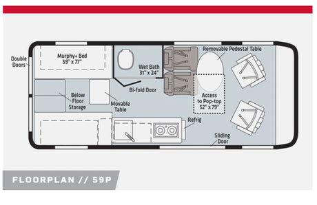 RV rental floorplan (59P) detailing a compact layout with a Murphy bed, wet bath, kitchen, and flexible seating area.