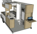 3D rendering of a multi-functional RV interior. Features include a bunk bed, kitchen, dinette, and workspace. Perfect for rv rental adventures.
