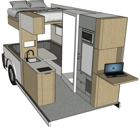 3D rendering of a multi-functional RV interior. Features include a bunk bed, kitchen, dinette, and workspace. Perfect for rv rental adventures.
