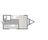 Compact travel trailer RV rental floor plan, showing bathroom, kitchen, and convertible living/sleeping area.