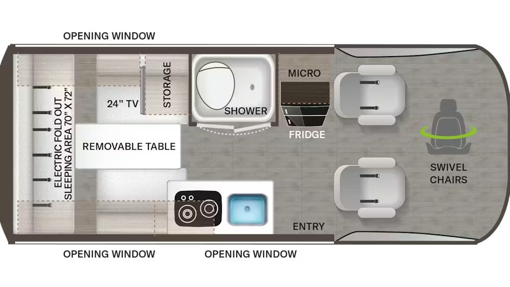  and a scenic desert landscape view.|Detailed RV rental floor plan shows a sleeping area (70"x72") — photo 5