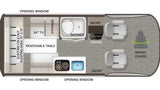 Detailed RV rental floor plan shows a sleeping area (70"x72"), kitchen, shower, & swivel chairs. Plan your adventure!