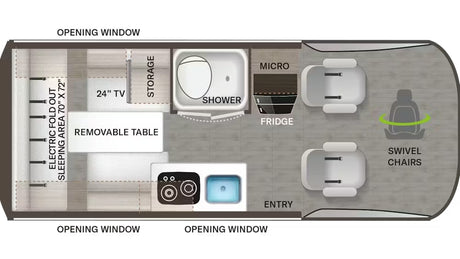 Detailed RV rental floor plan shows a sleeping area (70"x72"), kitchen, shower, & swivel chairs. Plan your adventure!