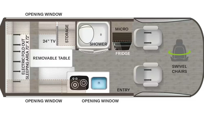  and a scenic desert landscape view.|Detailed RV rental floor plan shows a sleeping area (70"x72") — photo 5