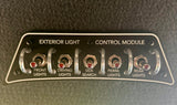 An rv rental exterior light control module, with five toggle switches for FRONT, DRIVING, SIDE SEARCH, PERIM., and REAR LIGHTS.