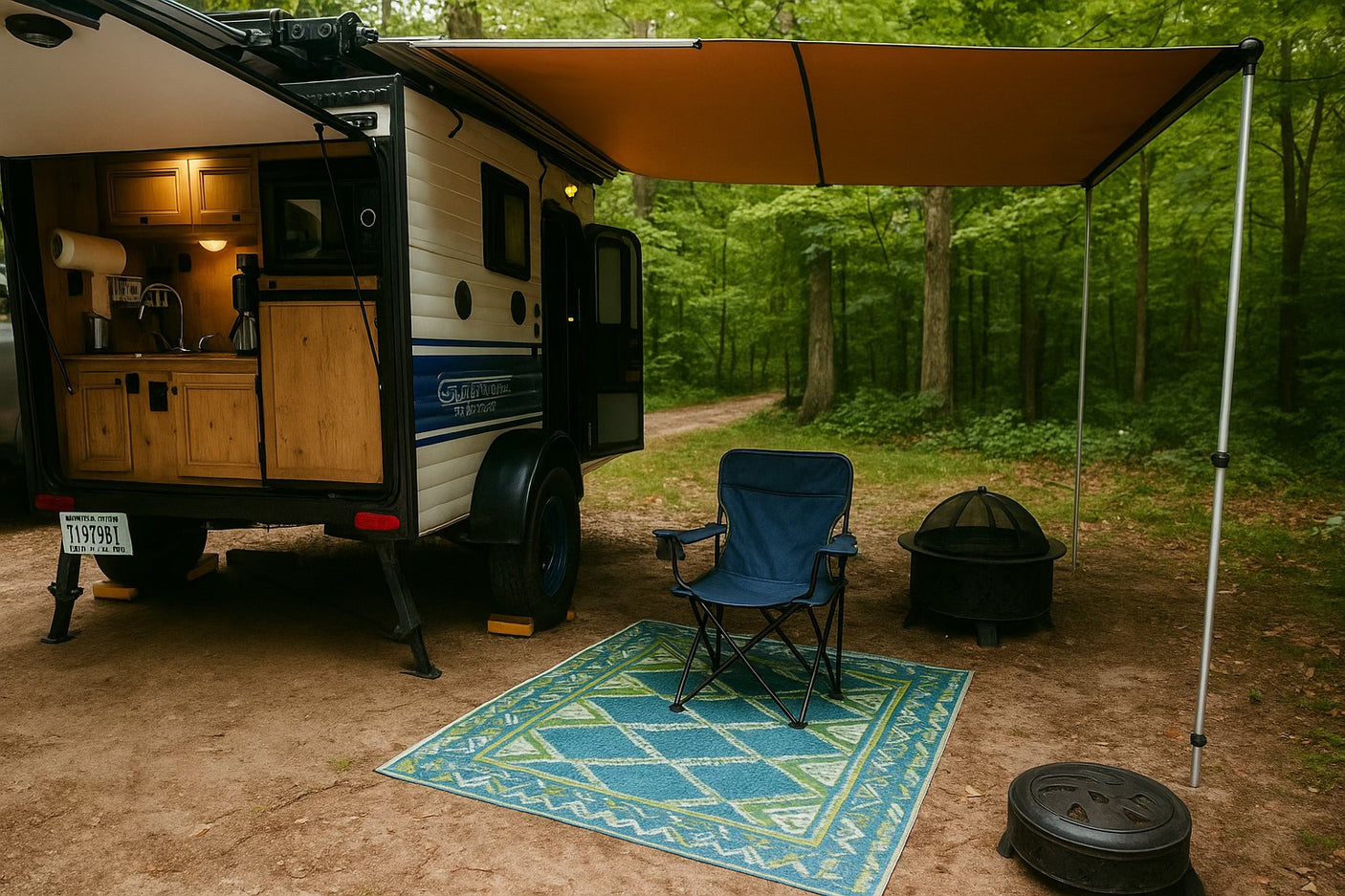 This RV rental features a compact camper with an open-air kitchen, awning, camping chair, and fire pit in a tranquil forest setting.