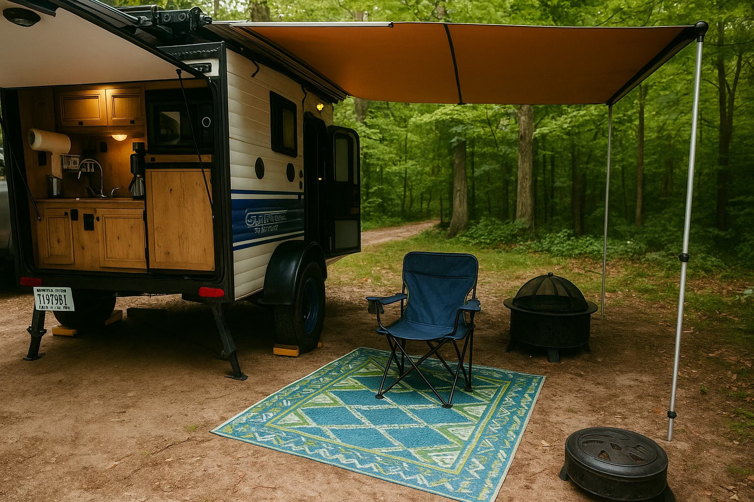 This RV rental features a compact camper with an open-air kitchen, awning, camping chair, and fire pit in a tranquil forest setting.