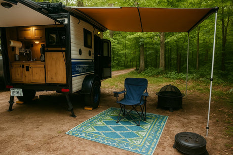 This RV rental features a compact camper with an open-air kitchen, awning, camping chair, and fire pit in a tranquil forest setting.