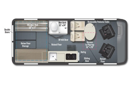 This RV rental floor plan shows a compact layout with a Murphy bed, wet bath, kitchen, and seating area with pop-top access.