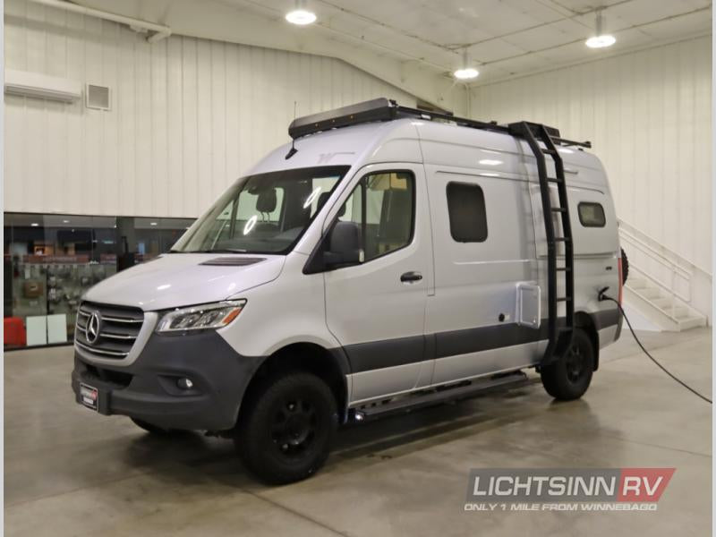  and cargo box for adventure.|Silver Mercedes-Benz Sprinter rv rental camper van with roof rack — photo 14
