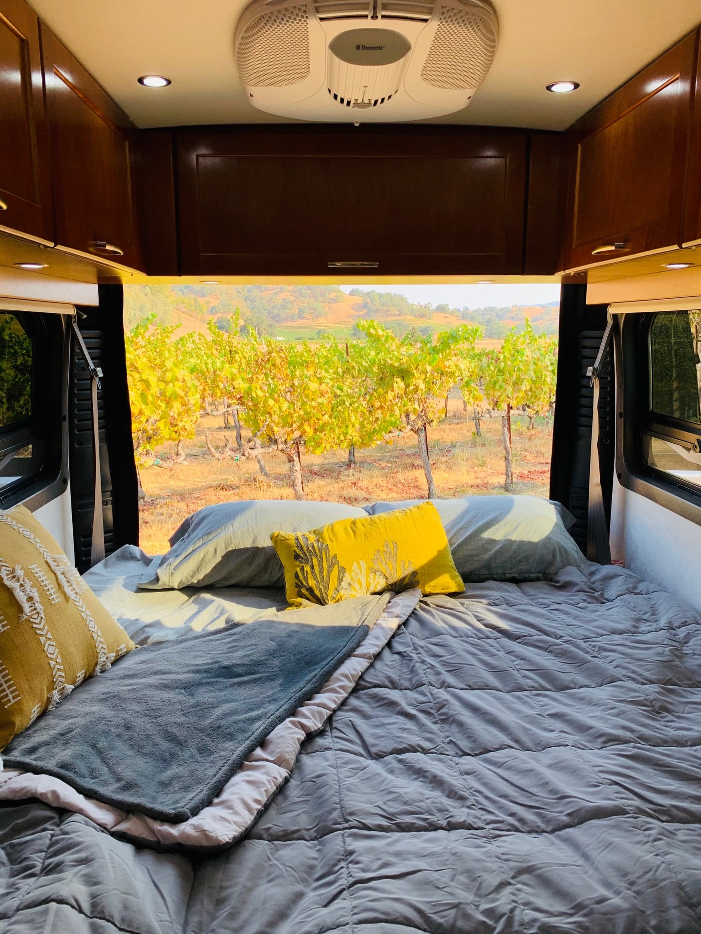 Inside an RV rental, a comfy bed faces a vibrant autumn vineyard. Relax & enjoy the scenic view!