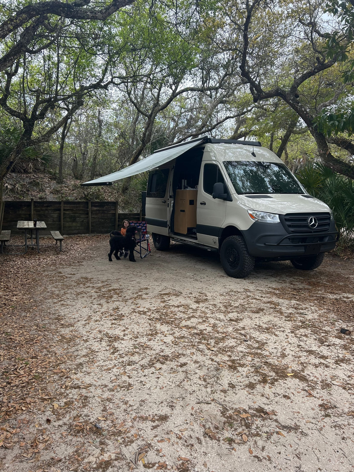 Relaxing at a wooded campsite with our RV rental Sprinter van