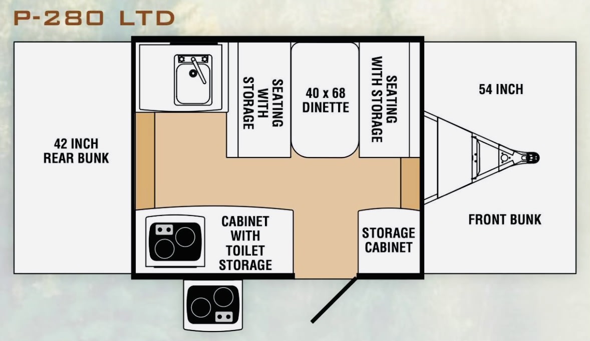 RV rental P-280 LTD floor plan: interior layout with 42" rear, 54" front bunks, dinette, and storage. — photo 7