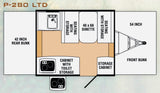 RV rental P-280 LTD floor plan: interior layout with 42" rear, 54" front bunks, dinette, and storage.