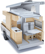 Cutaway view of a modern RV rental. Features a pop-top bed, rear bed, kitchen, and dining area in a light wood interior.
