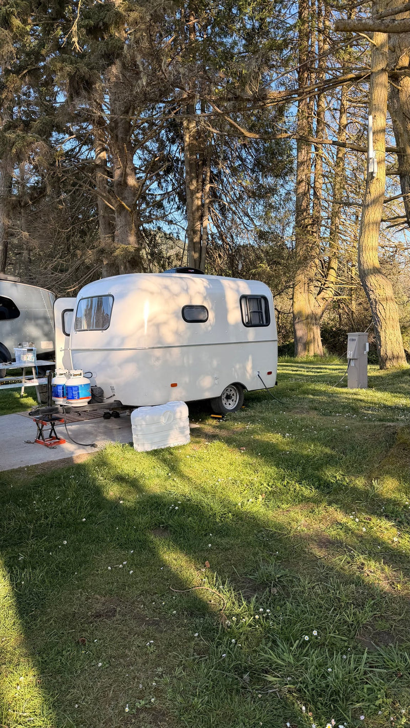  compact travel trailer RV rental parked on a grassy site amidst tall trees — photo 2
