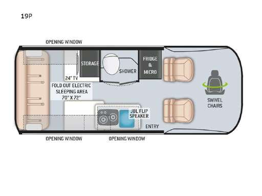 This RV rental floor plan, model 19P, details the camper's layout with a fold-out sleeping area, kitchen, shower, and swivel chairs.