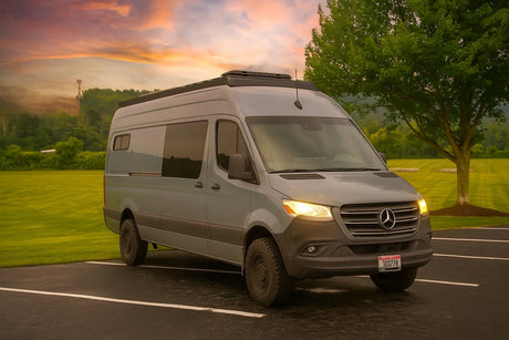 Grey Mercedes-Benz Sprinter camper van available for RV rental, parked with lights on, under a dramatic sky.