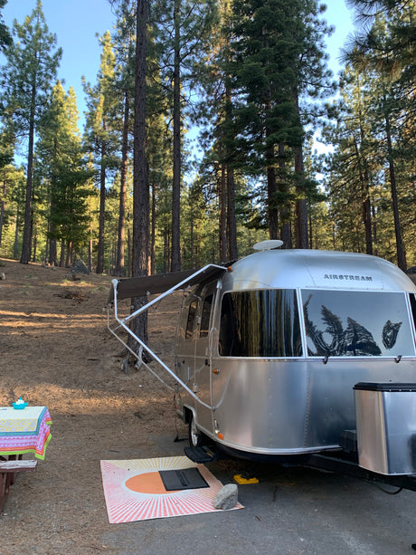 Gleaming Airstream RV rental travel trailer parked in a quiet pine forest campsite with an inviting picnic table.