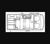 RV rental floor plan details a campervan layout: bed (43x74), wardrobe, sink, 2-burner range, and refrigerator.