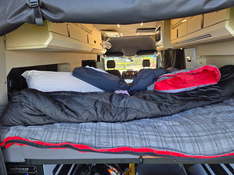  and bedding are visible. Safety warnings included.|RV rental interior: A custom white storage box with a latch — photo 18
