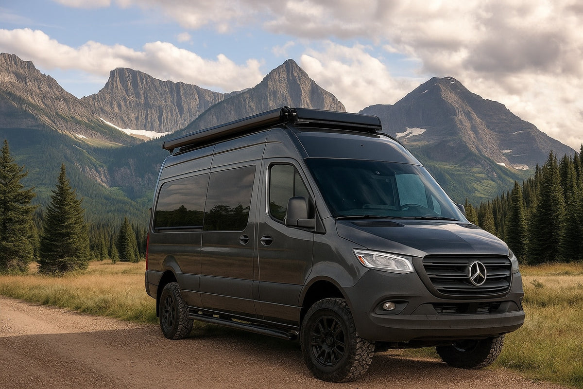 Adventure-ready Mercedes Sprinter RV rental on a scenic mountain dirt road, perfect for exploring.