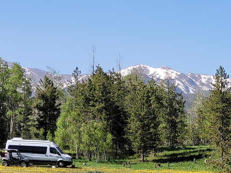 RV rental parked in a vibrant field of yellow flowers, with a UTV, green trees, and snow-capped mountains. Perfect for outdoor adventure.