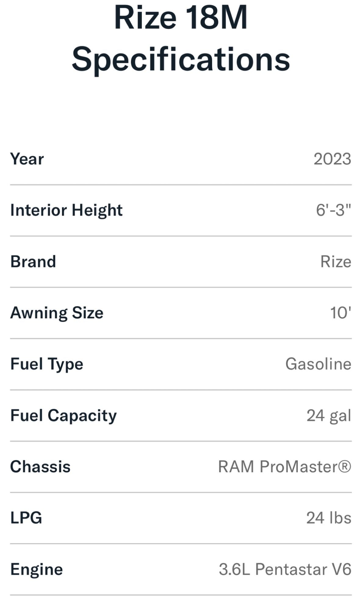 Detailed Rize 18M vehicle specifications, listing dimensions, fuel, and engine type—essential info for an RV rental.