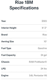 Detailed Rize 18M vehicle specifications, listing dimensions, fuel, and engine type—essential info for an RV rental.