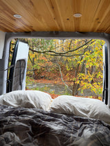 Cozy RV rental bed looking out open back doors to an autumn forest with vibrant leaves & a flowing river.