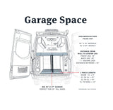 This RV rental layout details the garage space, showing a foldable bed (56x78/80") & 45x37" storage for 29" bikes.
