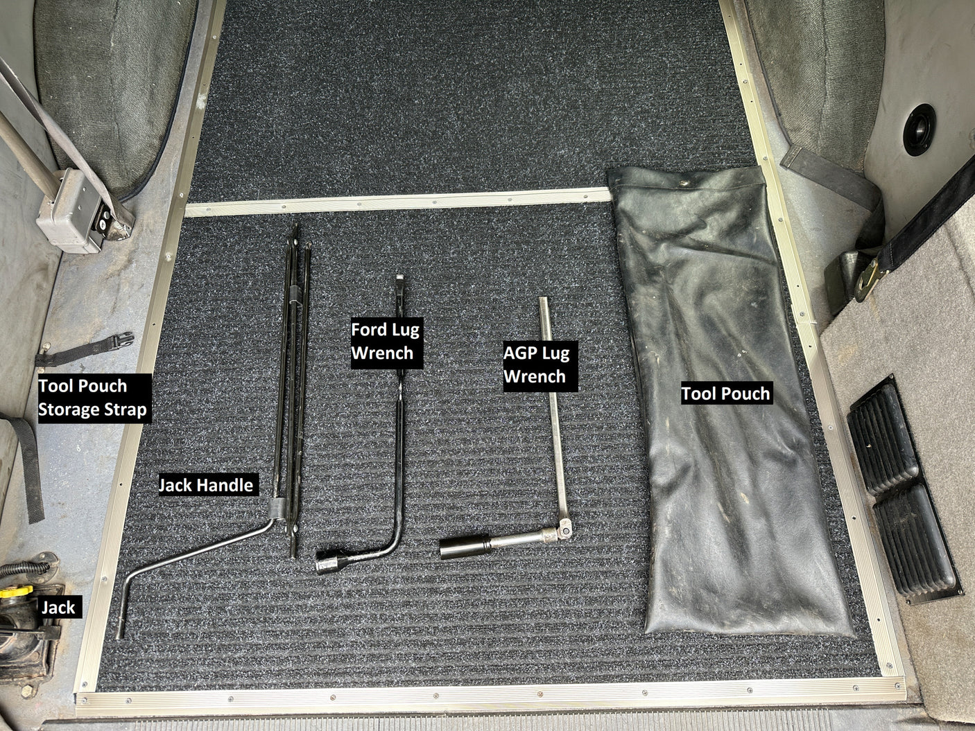 RV rental essential tools: jack, handle, Ford/AGP lug wrenches, and storage pouches for vehicle maintenance.